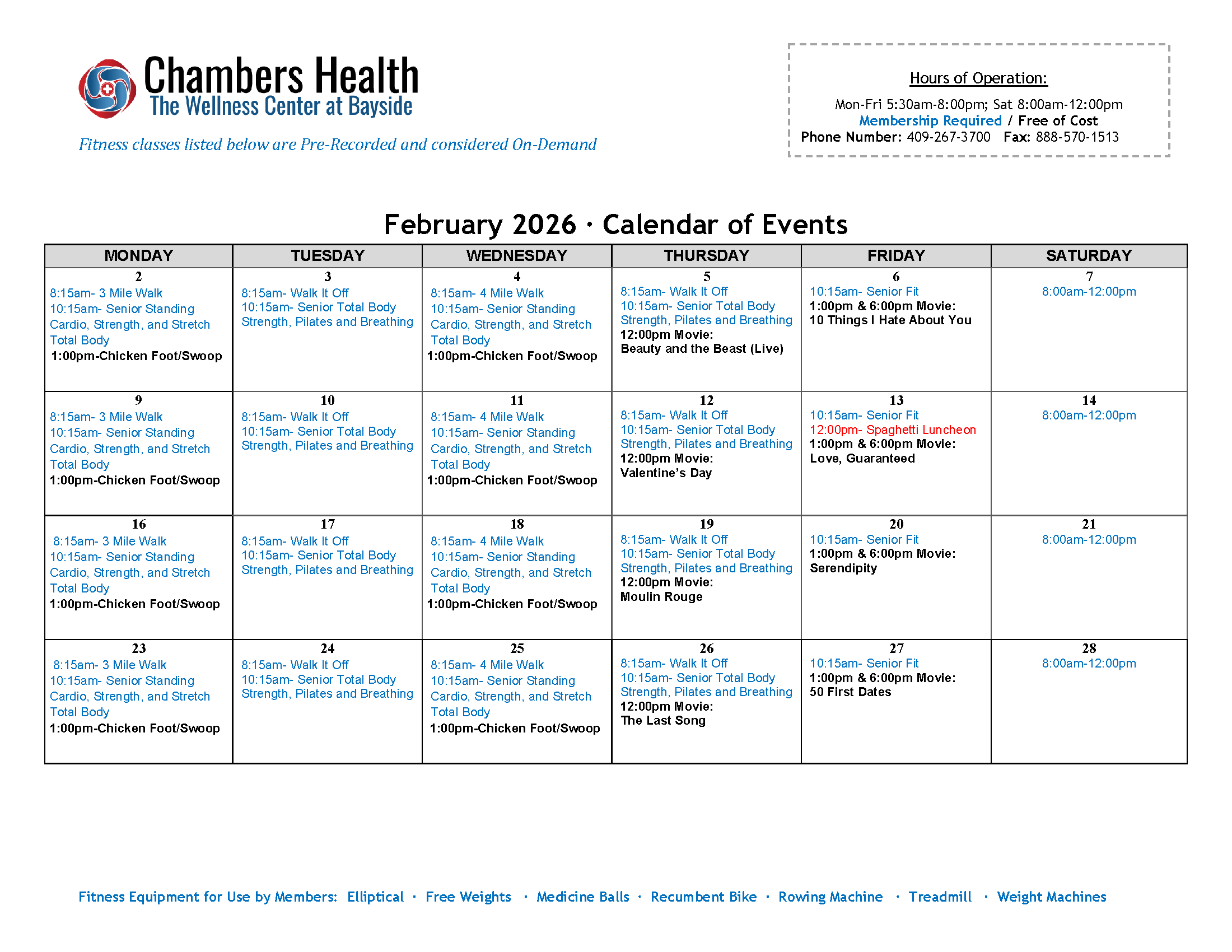 Calendar of Events February 2026